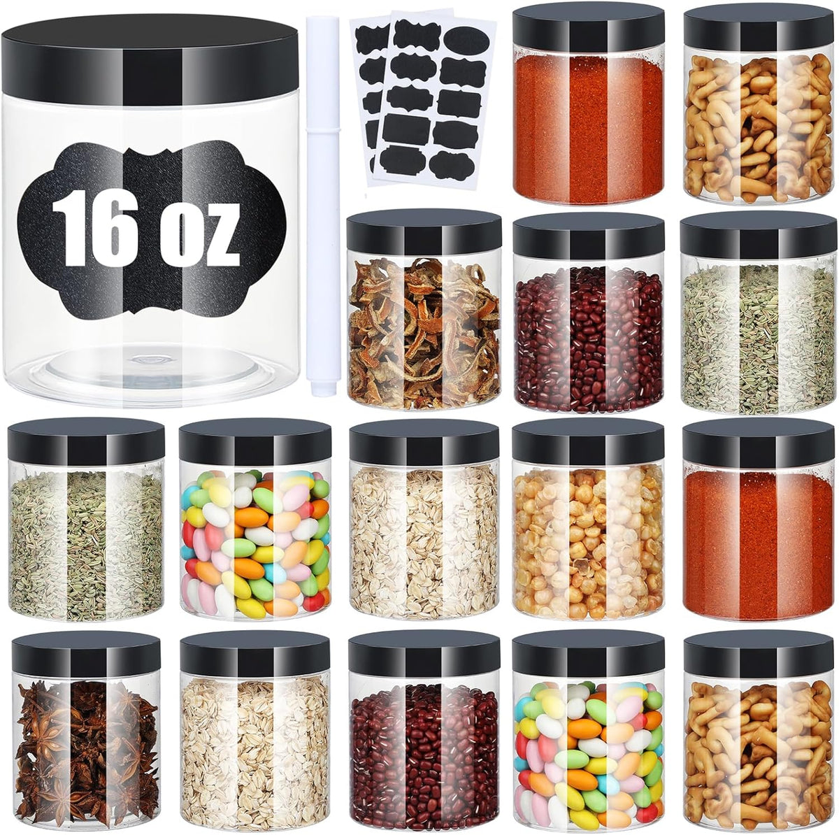 Plastic Jars with Lids, 16 oz Plastic Containers with Lids Clear Airtight Container Storage Jar Mason Jars for Dry Food Peanut Butter Honey Jam Cosmetics, Pack of 16 (16 PCS Black Lids)