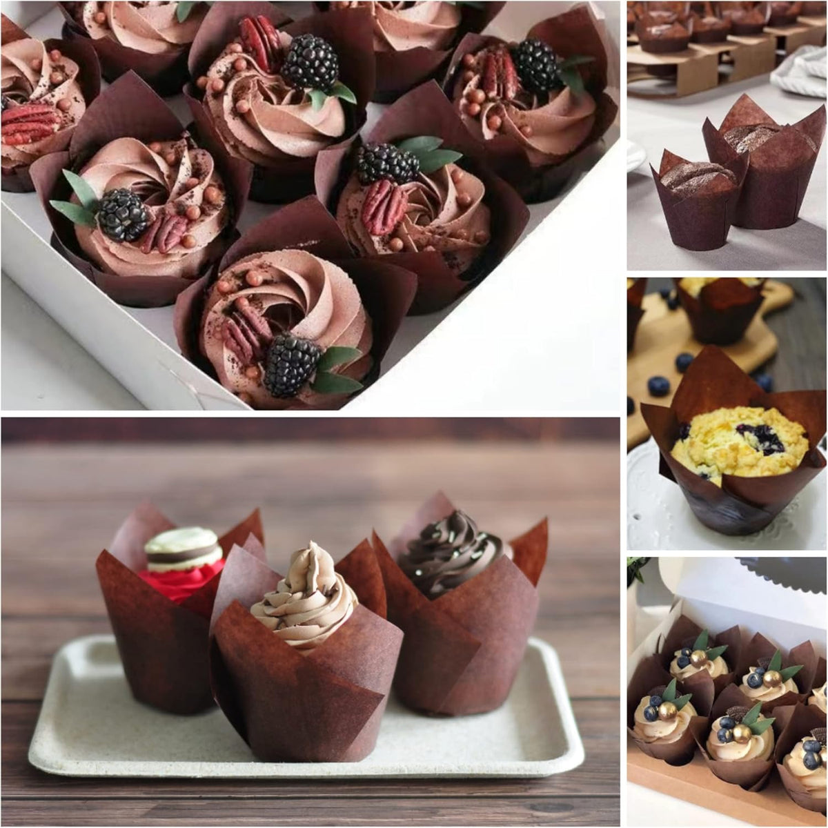 Large size Brown Tulip Baking Cups 2-1/4"(Base diameter) x 4"(Wall height) Greaseproof paper baking cupcake Muffin liners, Case of 130 pcs