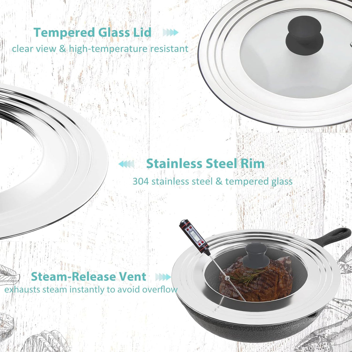Universal Lid for Pots and Pans - One Size Fits All 8.25-12 Inch Pots Frying Pans Skillets Woks, Replacement Pot Lid with Upgraded Heavy Duty Heat Resistant Silicone Handle, Black