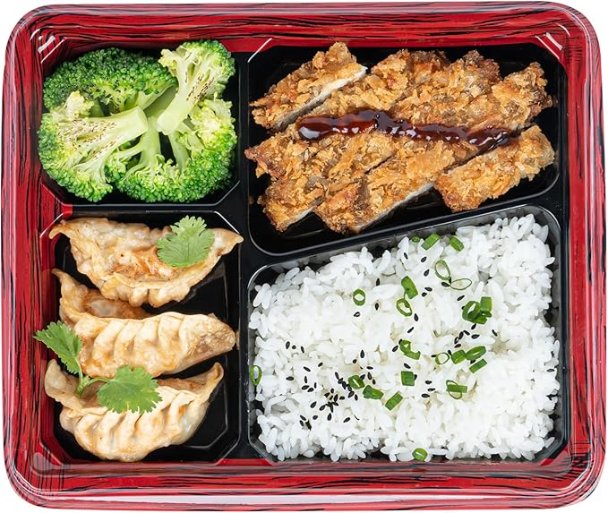 Restaurantware-Bento Tek 18.6 Ounce Meal Prep Containers, 50 Disposable To Go Food Boxes - Lids Sold Separately, 4 Compartments, Red And Black Plastic Bento Lunch Boxes, Freezable, For Take Out