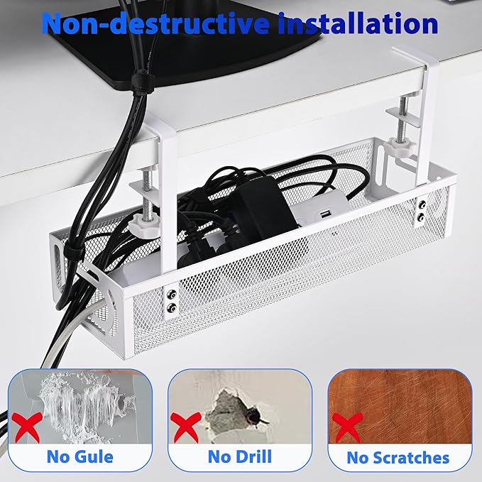 Under Desk Cable Management Tray – No Drill Cord Organizer & Power Strip Holder – Wire Cable Tray for Home Office Desk Setup (L-White)