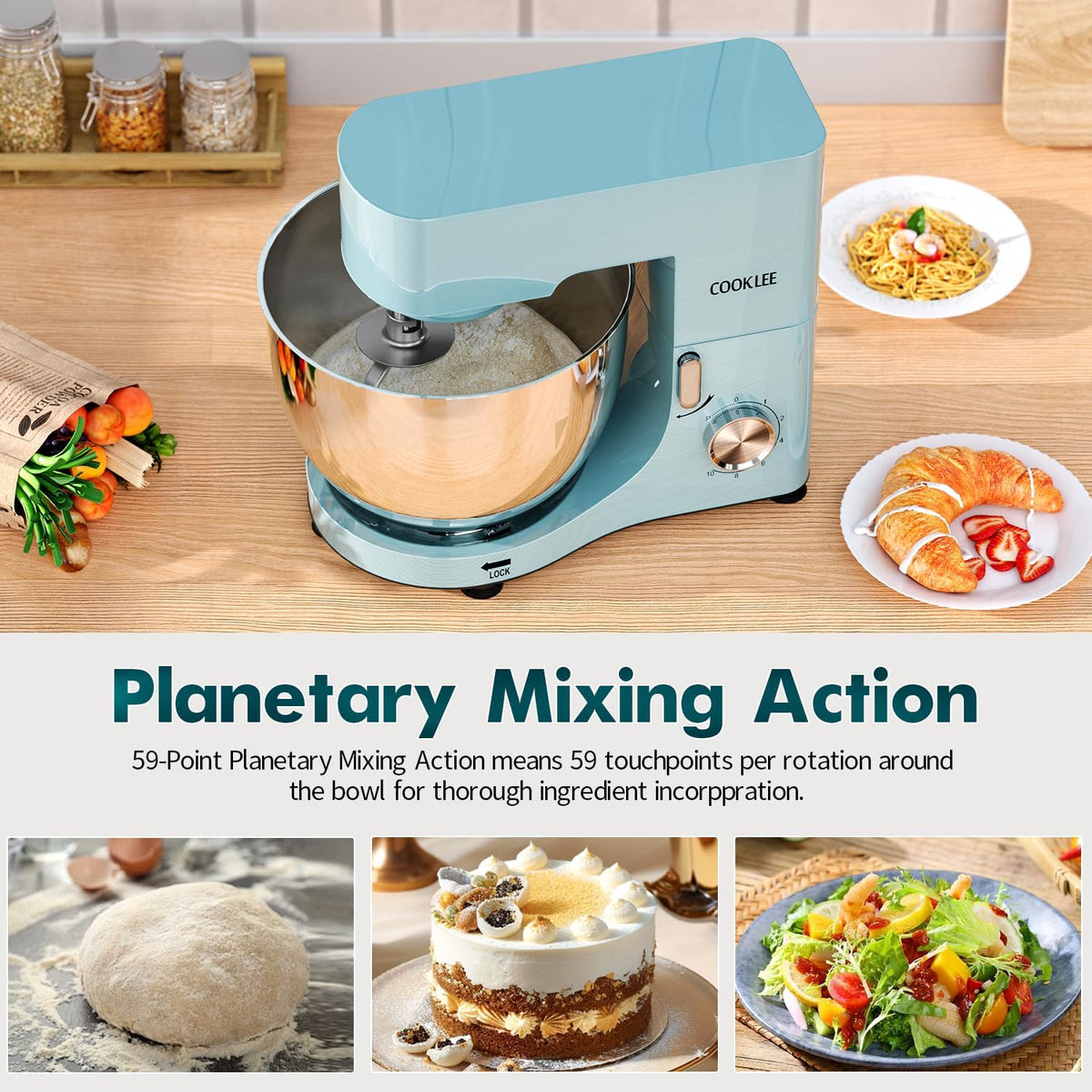 COOKLEE Stand Mixer, 9.5 Qt. 660W 10-Speed Electric Kitchen Mixer with Dishwasher-Safe Dough Hooks, Flat Beaters, Wire Whip & Pouring Shield Attachments for Most Home Cooks, Blue