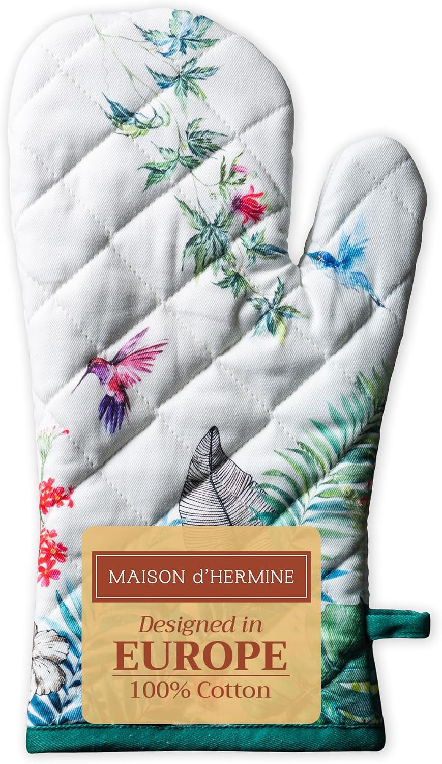 Maison d' Hermine Oven Gloves 100% Cotton Oven Mitt 7" x 13" with Loop Heat Resistant, BBQ, Cooking Gloves, Baking, Grilling, Kitchen, Handling Hot Pans Spring/Summer (Pack of 1, Tropiques)