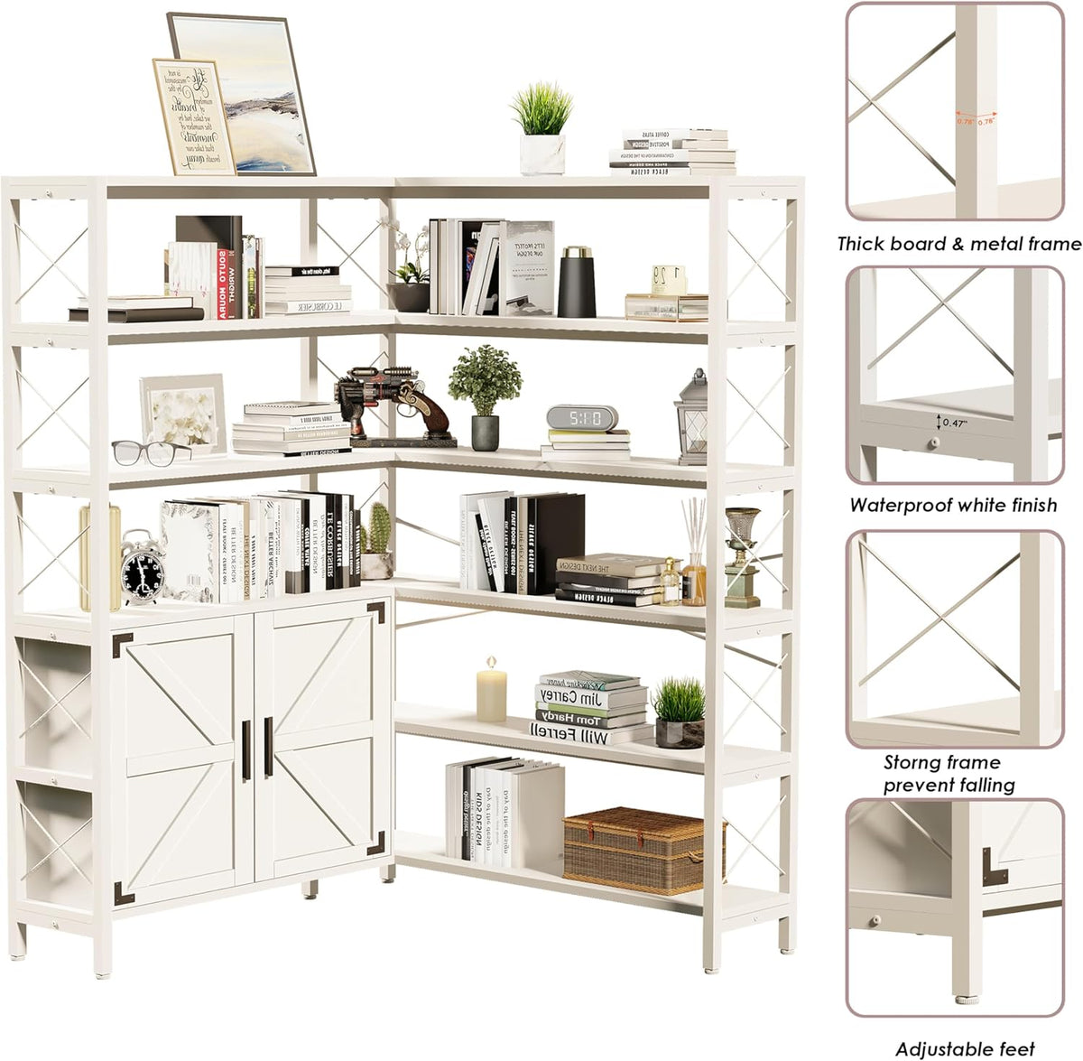 6-Shelf Corner Bookshelf, Vintage Industrial Corner Shelf Etagere Bookcase, Large Book Shelf with Metal Frame Open Storage Corner Cabinet (White-Lockers, Large)