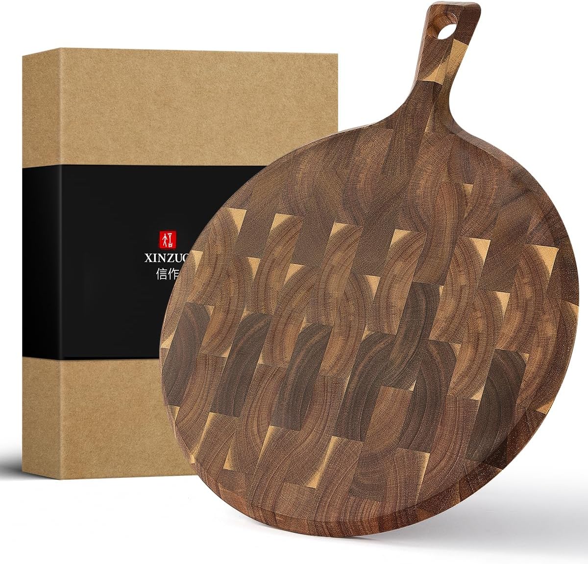 XINZUO Acacia Wood End-Grain Round Cutting Board with Handle for Kitchen Bread Pizza Cheese Fruit Charcuterie Serving Cutting Board, Two-sided Use, 16.7 x 12.5 x 0.75 inches