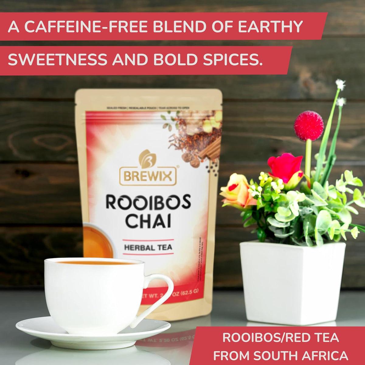 BREWIX, Rooibos Chai Tea Bags (25 Pyramid Tea Bags) Caffeine-Free, Herbal Tea, South African Red Tea | Rooibos, Cardamom, Cinnamon, Black Pepper, Nutmeg, Ginger & Clove