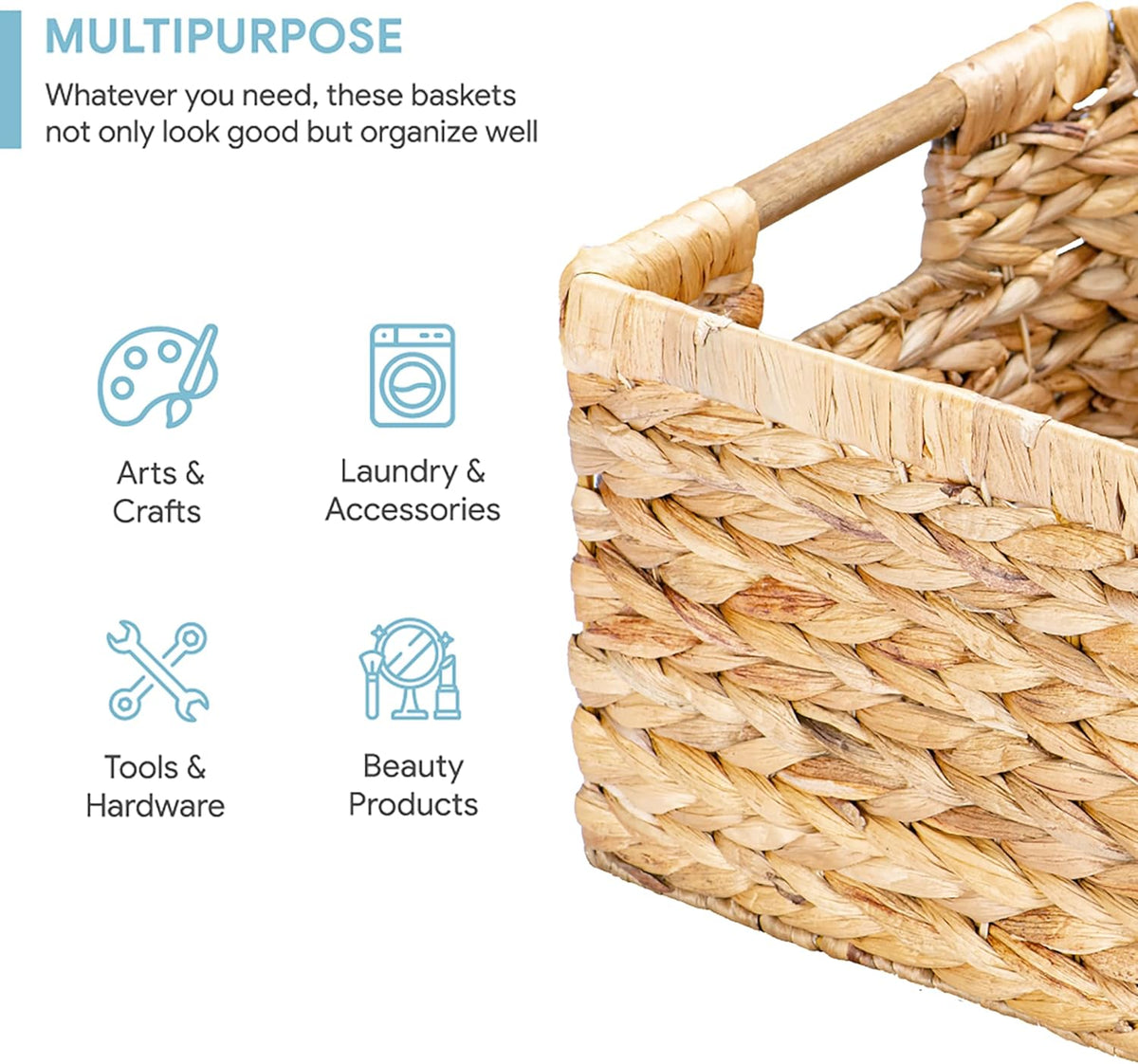 Large Wicker Basket Rectangular with Wooden Handles for Shelves, Water Hyacinth Basket Storage, Natural Baskets for Organizing, Wicker Baskets for Storage 14.5 x 10.3 x 7.5 inches - 3 Pack