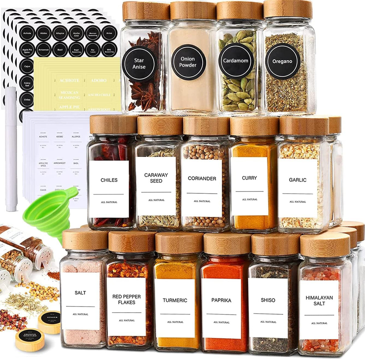 Set of 24 Glass Spice Jars with Various Labels, Bamboo Shaker Lids & Funnel, Kitchen Storage Jars with Airtight Lid, Spices & Seasonings Sets Organizer, Spice Containers, Glass Jar Food Canister