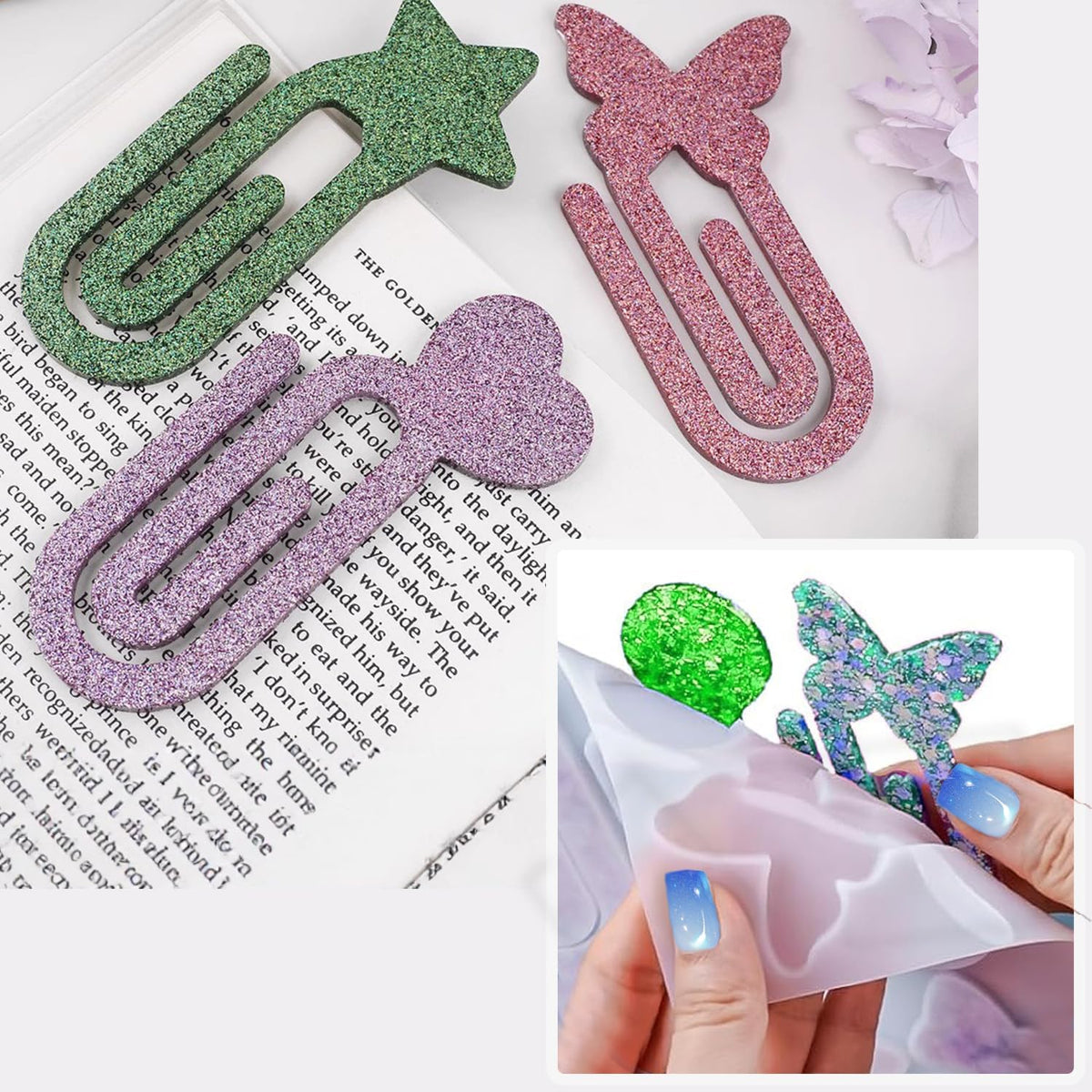 Resin Bookmark Mold Silicone Molds for Epoxy Paperclips, 9-in-1 Heart & Star Shapes, Quick Release Craft Supplies, Gift for Book Lovers