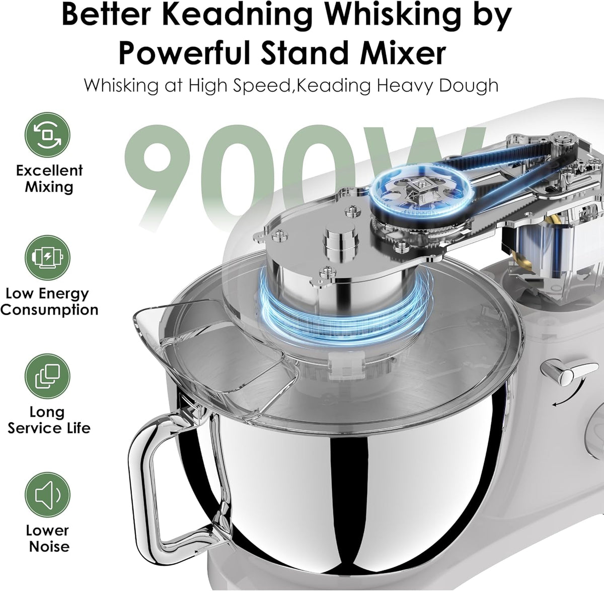 Kitchen in the box Stand Mixer - 6.5 Quart Mixing Bowl with Handle, 900 Watt Powerful Heavy Bread Dough Standing Mixers Tilt-head with Dough Hook, Whisk, Flat Beater and Splash Guard (Green)