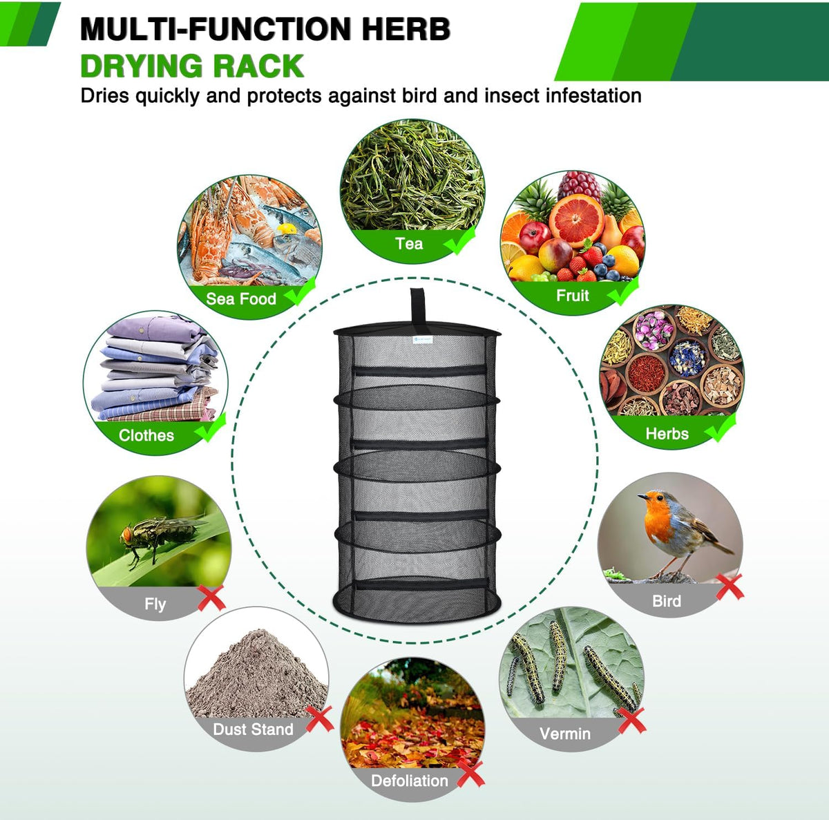 Yesker 4 Layer Herb Drying Rack Hanging Mesh Net Foldable Plant Drying Racks 18" Diameter with Black Zipper & Hook Dryer Hanging Rack for Herbs Seed Bud Fruit Clothes Grow Tent Closets Garden Outdoor