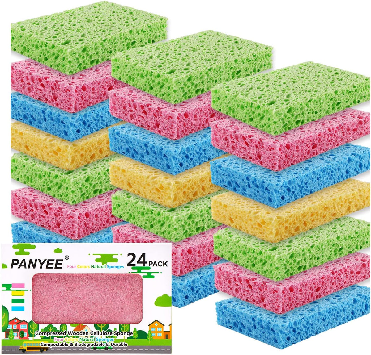 Compressed Cellulose Kitchen Sponges 24Pack,Non-Scratch Biodegradable Natural Sponge Scrub for Dishes Cleaning,Funny Colorful DIY Sponge for Kids