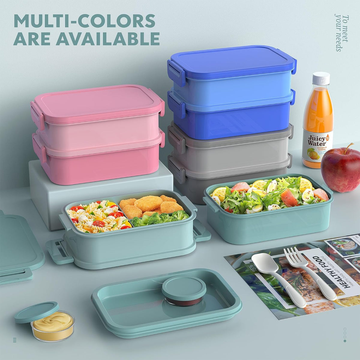 Jelife Bento Box Adult Lunch Box - 72oz Stackable Bento Lunch Box for Adults, 3 Layers All-in-One Large Bento Box Leak-Proof Lunchbox with Utensil Sauce Dressing Containers for Dining Out,Work, Green