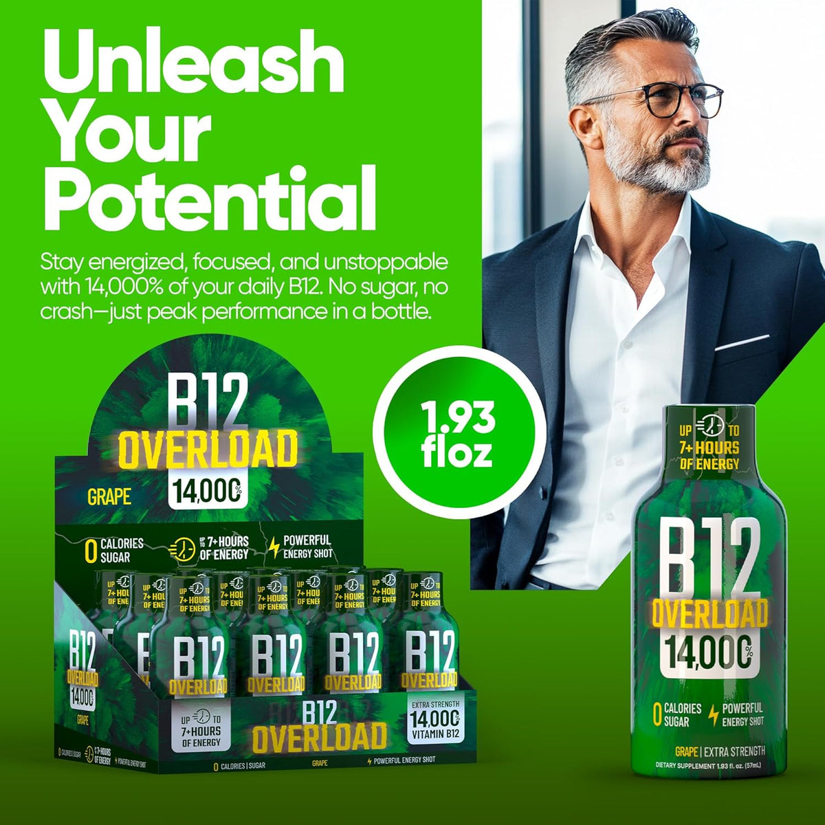 B12 Overload Extra Strength Energy Shot – Grape – 260mg Caffeine, 14000% B12, Electrolytes – Energy & Vitality Support – Zero Sugar No Calories – Vegan, Kosher, Gluten-Free – 1.93 fl oz, 12-Pack