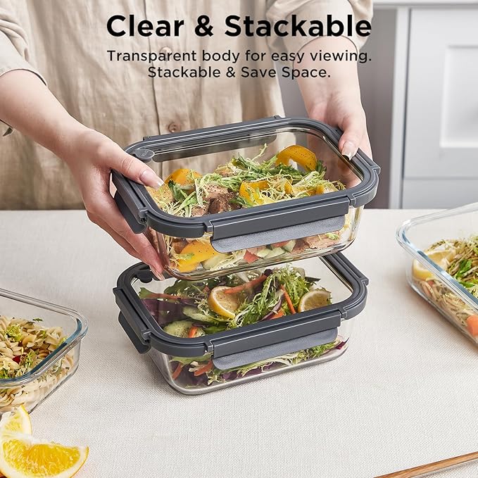 Glass Food Storage Containers with Lids, 5 Pack of 36oz, Glass Meal Prep Container with Airtight Lids, Microwave Safe Food Container Set, BPA Free, LeakProof, Ideal for Lunch