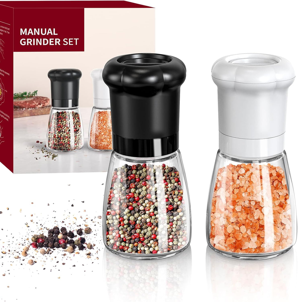 CIRCLE JOY Manual Salt and Pepper Grinder Set For Professional Chef, Refillable Salt and Pepper Shakers with Ceramic Blades, Adjustable Coarseness and BPA-free 180ml Glass Container, Short Black White