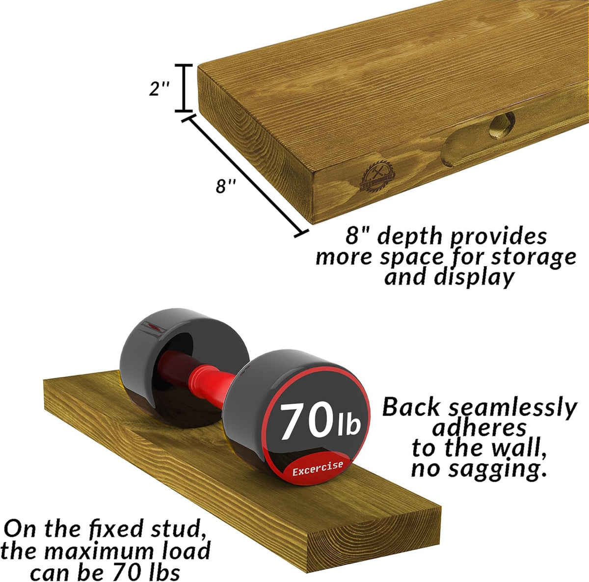 Rustic Floating Shelves 24 inch Long 8 inch deep Set of 2, Solid Wood Wall Shelves for Bedroom Living Room Kitchen,Book Shelf for Wall, Wall Mounted Shelves with Hidden Bracket- Golden Oak