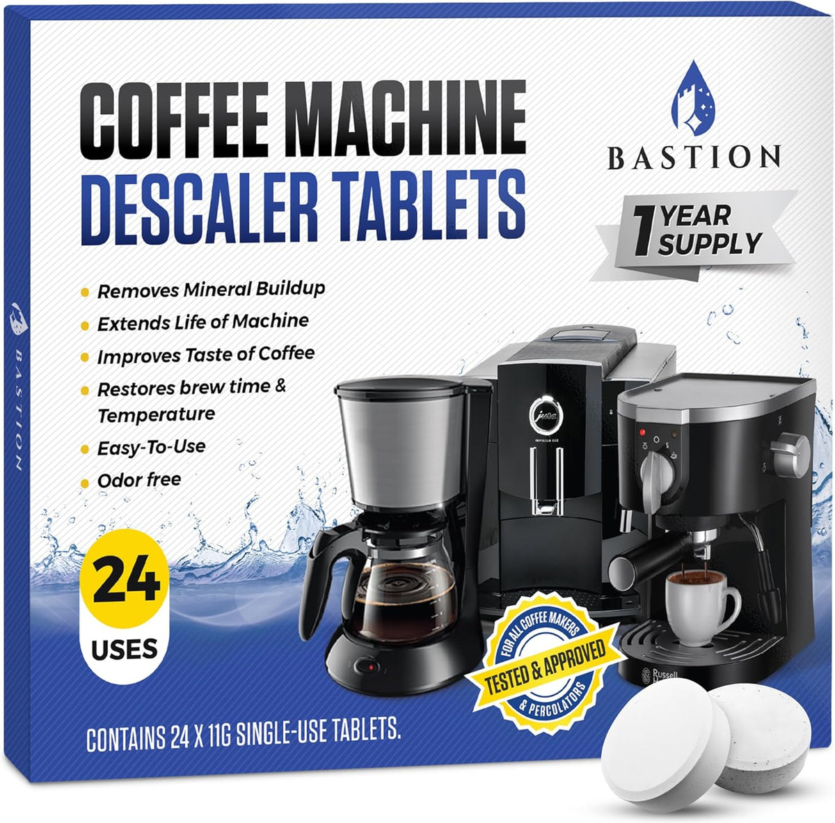 Coffee Machine Descaler Cleaner Tablets 24-Pack | For Keurig, Nespresso, Breville, De Longhi, Miele, Ninja, Braun | Clean & Descale Coffee Pot & Espresso Maker -Cleaning & Descaling Solution Tabs