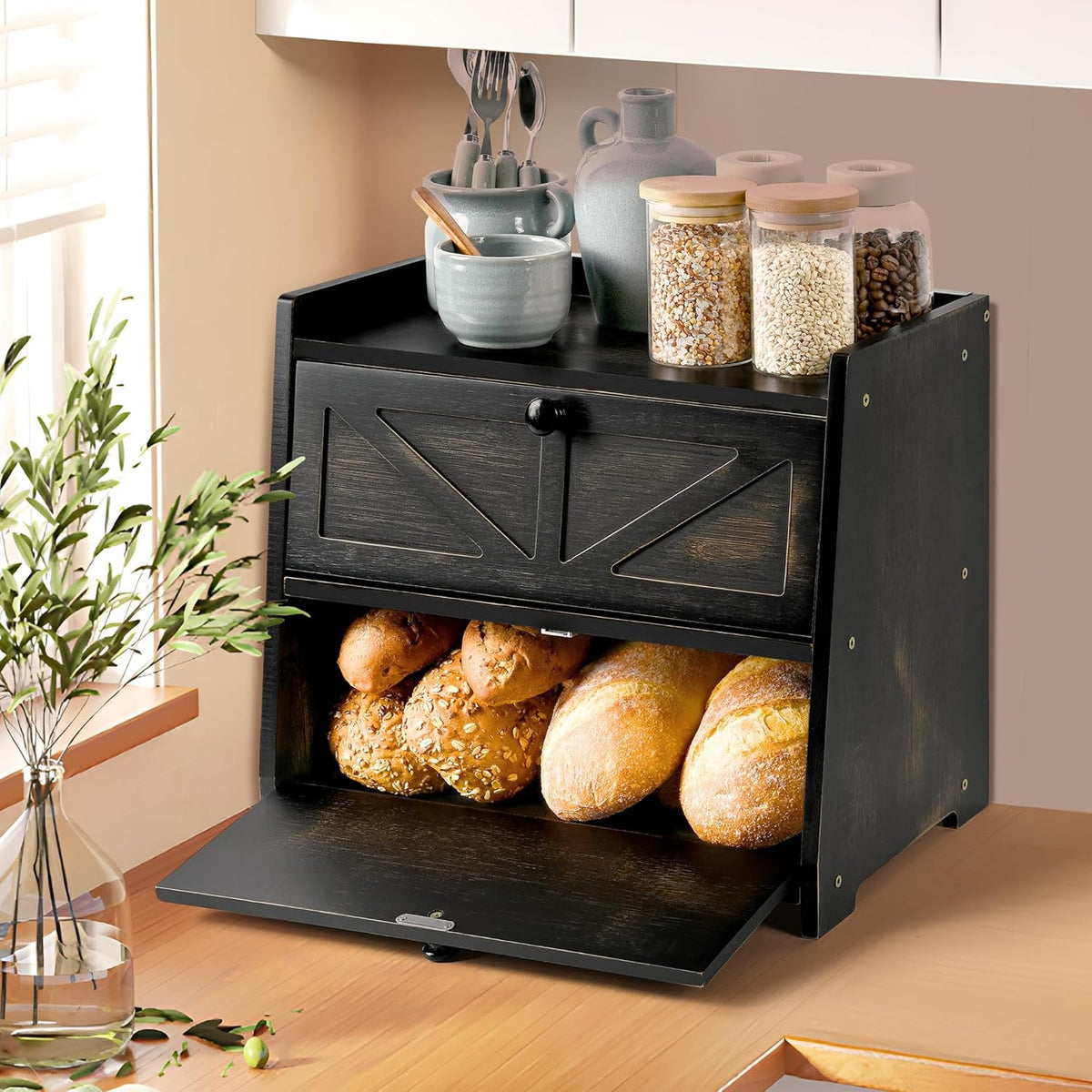 Ollieroo Vintage Double Layer Bread Box for Kitchen Countertop, Bamboo Bread Storage Container, Breadbox for Homemade Bread, Large Capacity Bread Bin(Black)