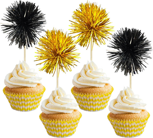 Gyufise 30Pcs Foil Firework Cupcake Toppers Sparkle Tinsel Cake Toppers Tinsel Drink Cake Decoration Cocktail Picks for Birthday Wedding Graduation Party Supplies Gold Black