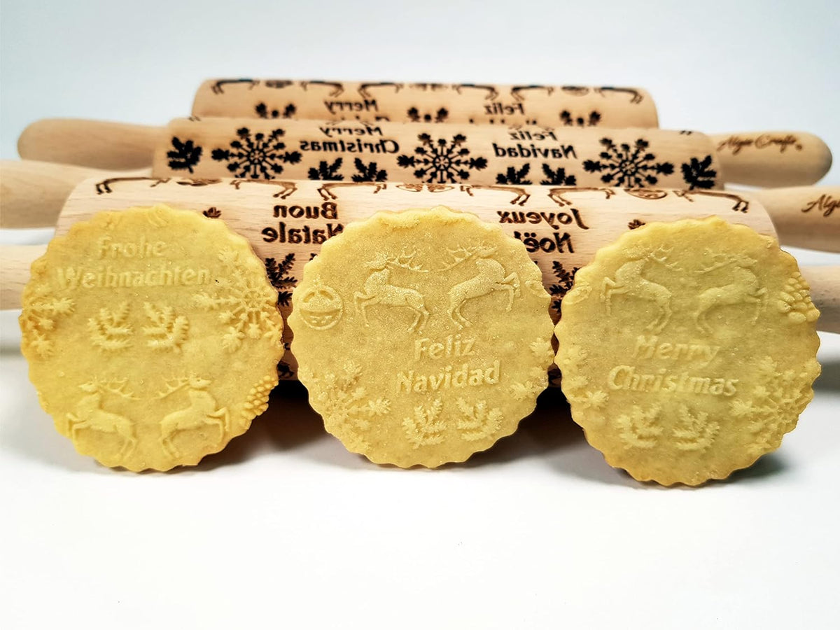 Embossing Rolling Pin for Christmas Cookies, Gingerbread, Shortbread by Algis Crafts (Merry Christmas)