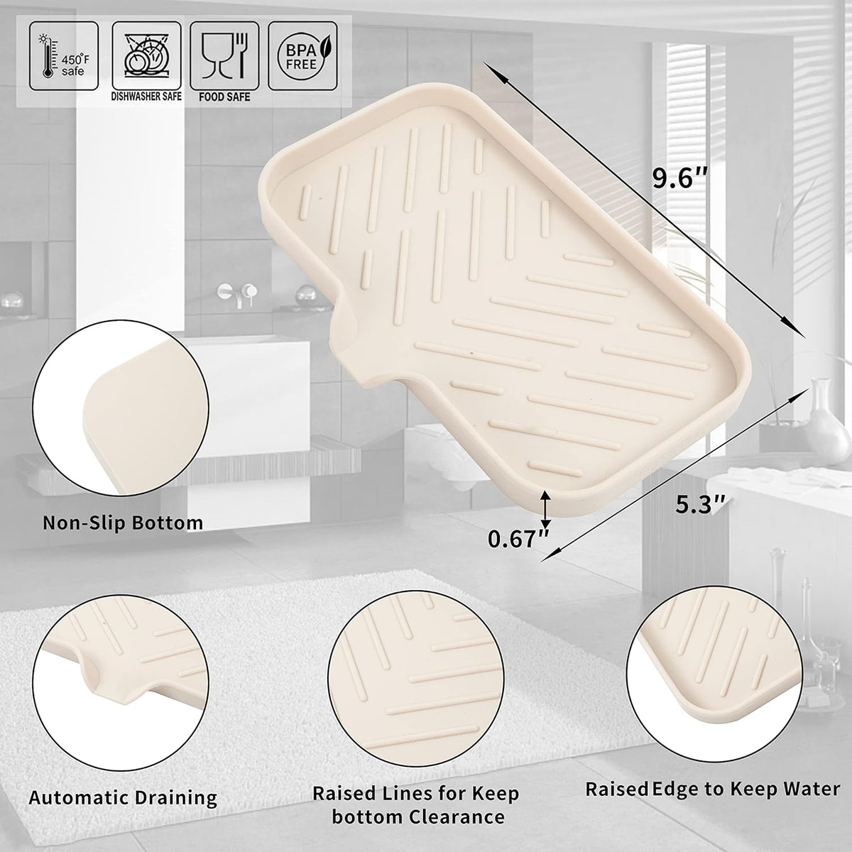 Silicone Bathroom Soap Dishes with Drain Spout-Bathroom and Kitchen Sink Organizer,Sponge Holder,Dish Soap Tray,Perfect for Dispenser,Scrubber,Bottle,Cup on Sink or Counter-Tapioca 9.6"×5.3"