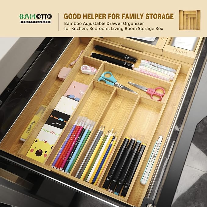 Expandable Bamboo Drawer Organizer – Large 20"x16.9" Size with Adjustable Dividers – for Kitchen Utensils, Knives, Cutlery, Flatware & Silverware Storage Tray