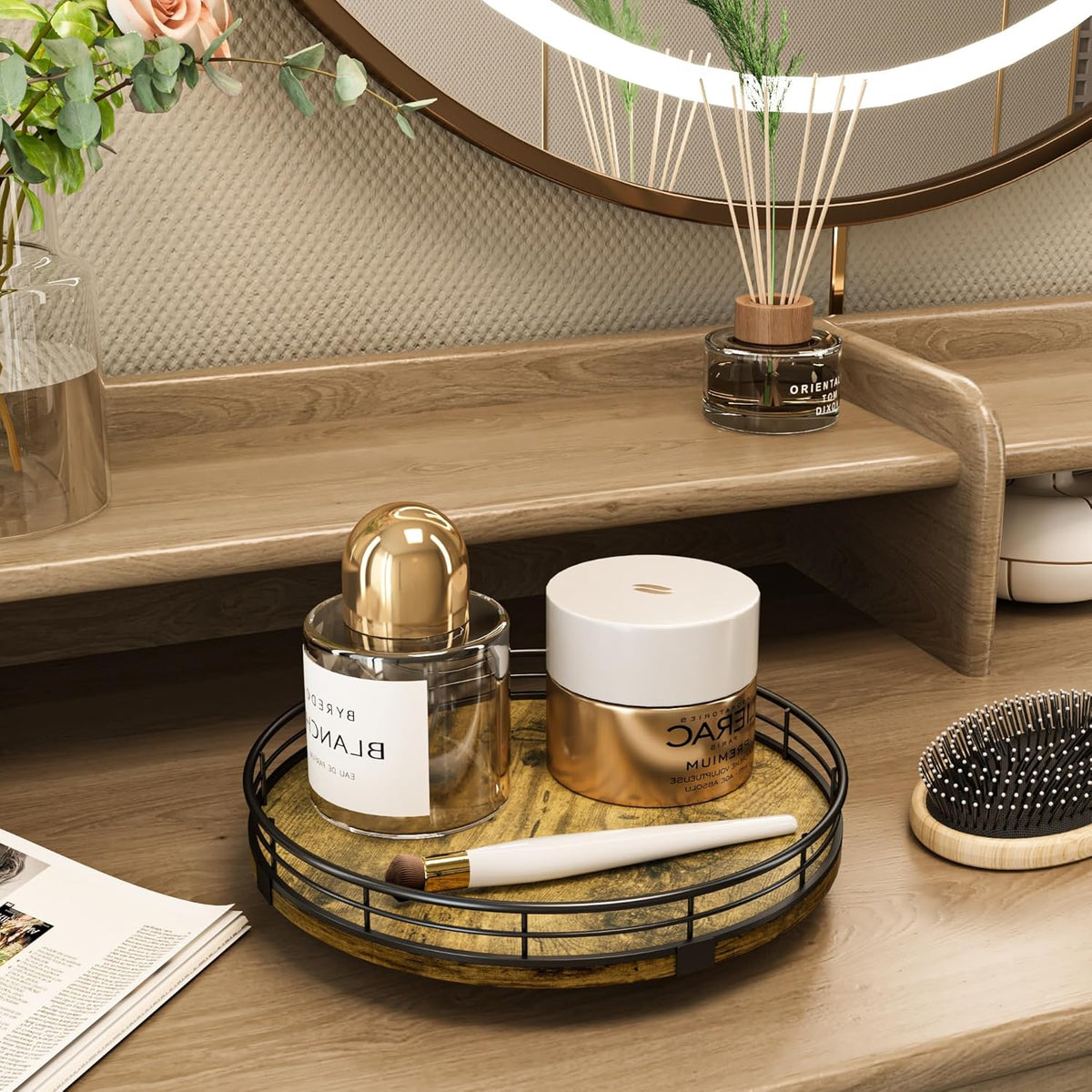 Lazy Susan Turntable Organizer for Table Top, 9’’ Round Wooden Lazy Susan for Cabinet Kitchen Countertop Pantry Dining Coffee Table for Condiments Spices, Rustic Bathroom Vanity Tray for Soap Candle