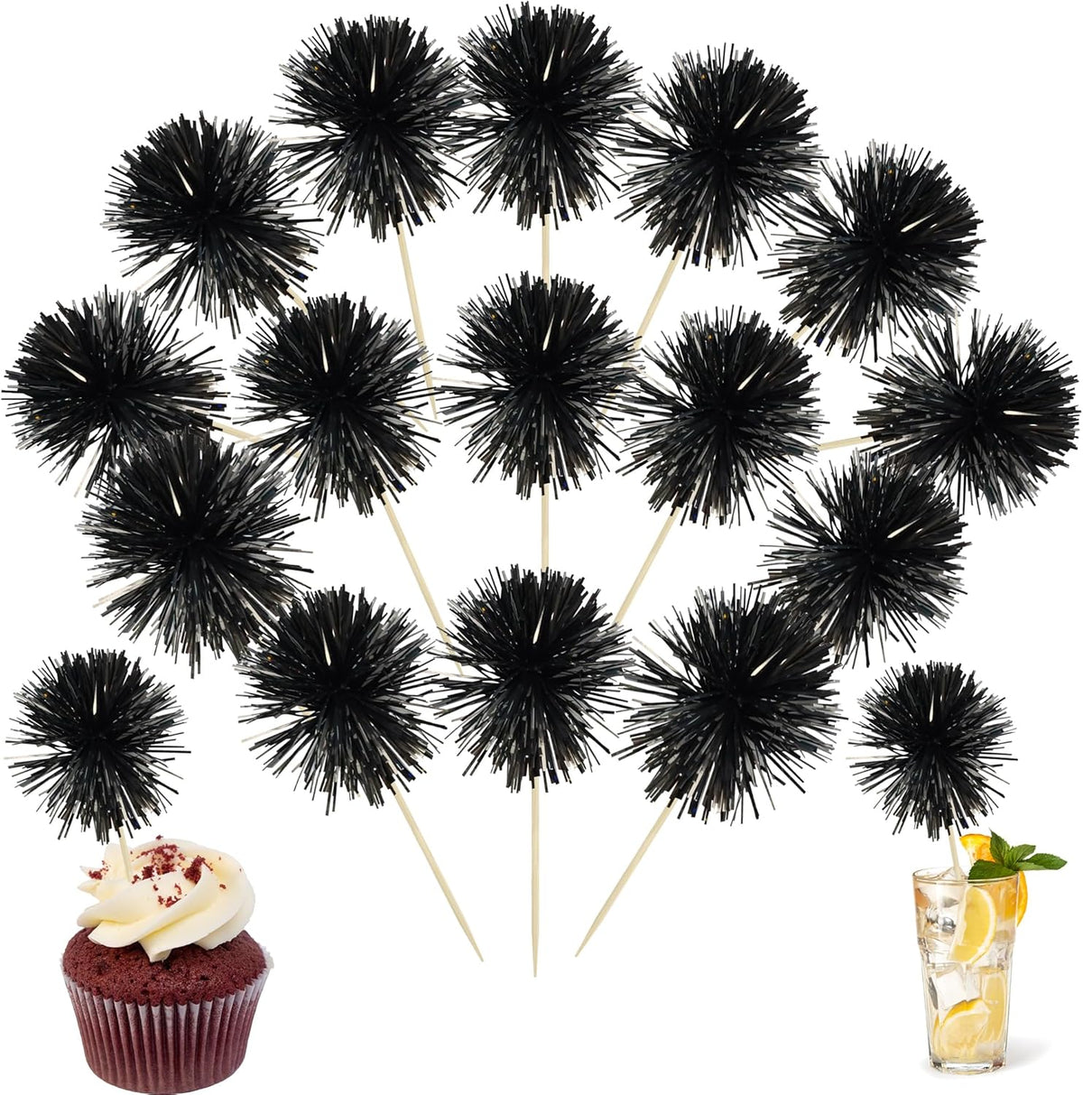 Ephlyn 30Pcs Foil Firework Cupcake Toppers Sparkle Tinsel Cupcake Picks Happy Birthday Cake Decorations Drink Stirrers Cocktail Food Fruit Toothpicks for Baby Shower Graduation Party Supplies Black