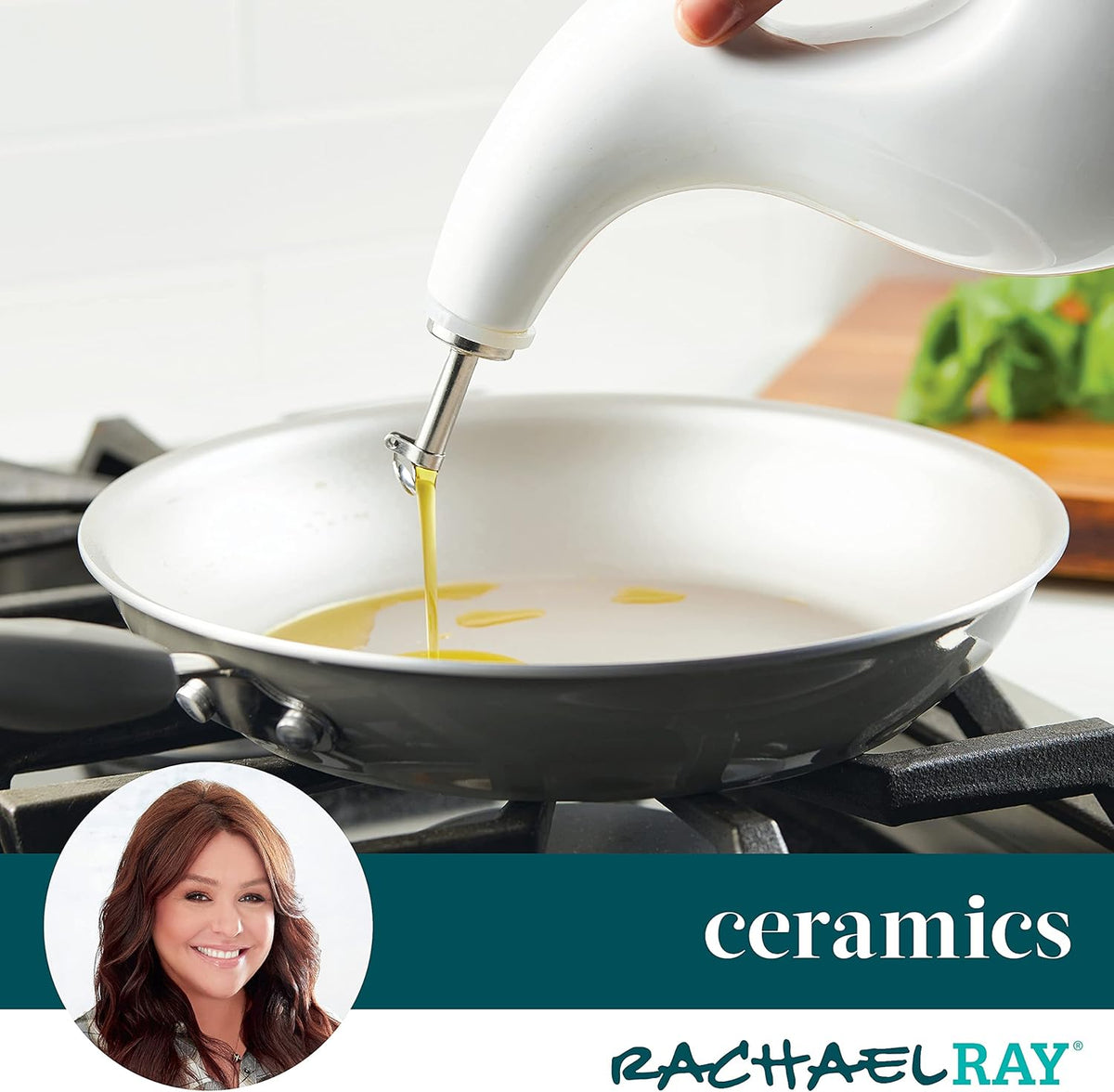 Rachael Ray Ceramic EVOO Oil and Vinegar Dispensing Bottle with Spout, 24 Ounce, White