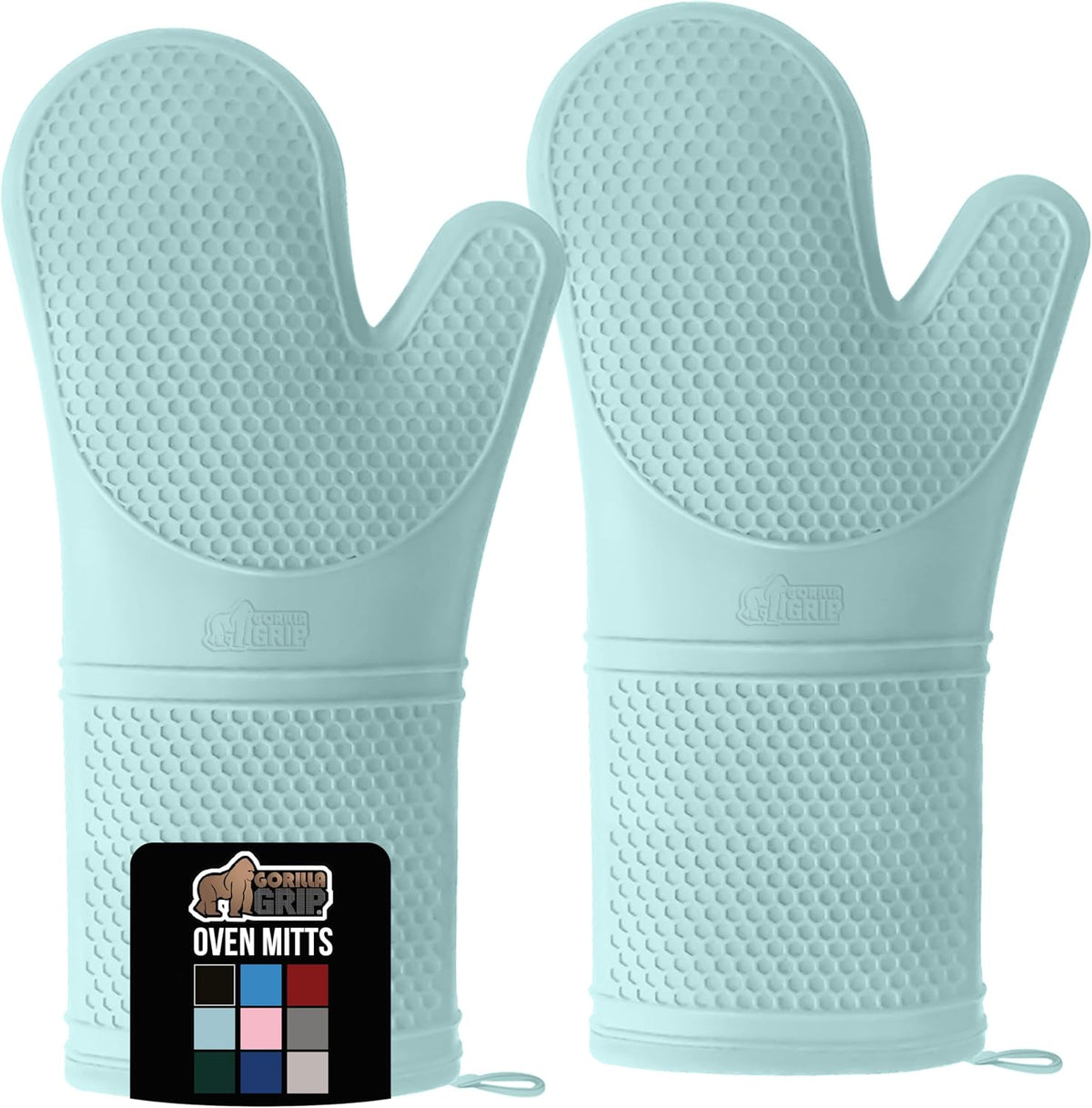 GORILLA GRIP BPA-Free Soft Silicone Oven Mitts, 14.5x8.3, Heat Resistant and Waterproof Cooking Gloves, Thick Cotton Lining, Flexible Gripping for Baking Grilling, Kitchen Potholders Set of 2, Mint