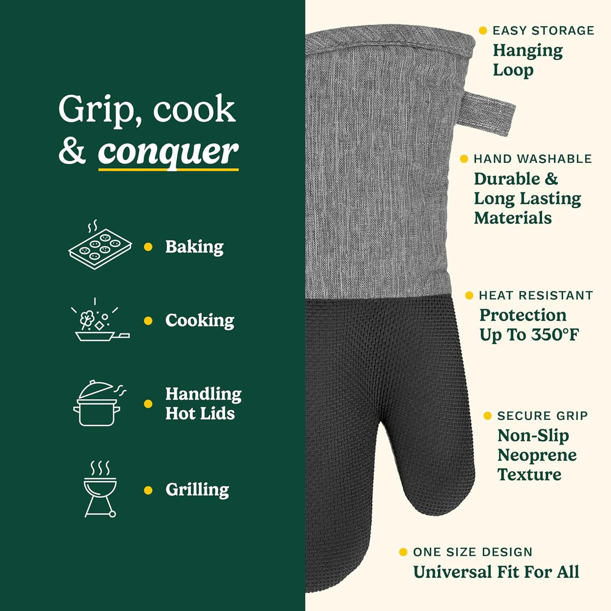 Cuisinart Kitchen Oven Mitts – Heat-Resistant Kitchen Mitts for Oven with Non-Slip Neoprene Palm, Long Cuff, and Cotton Filling – Durable Oven Gloves for Cooking, Baking, & Grilling (Chambray)