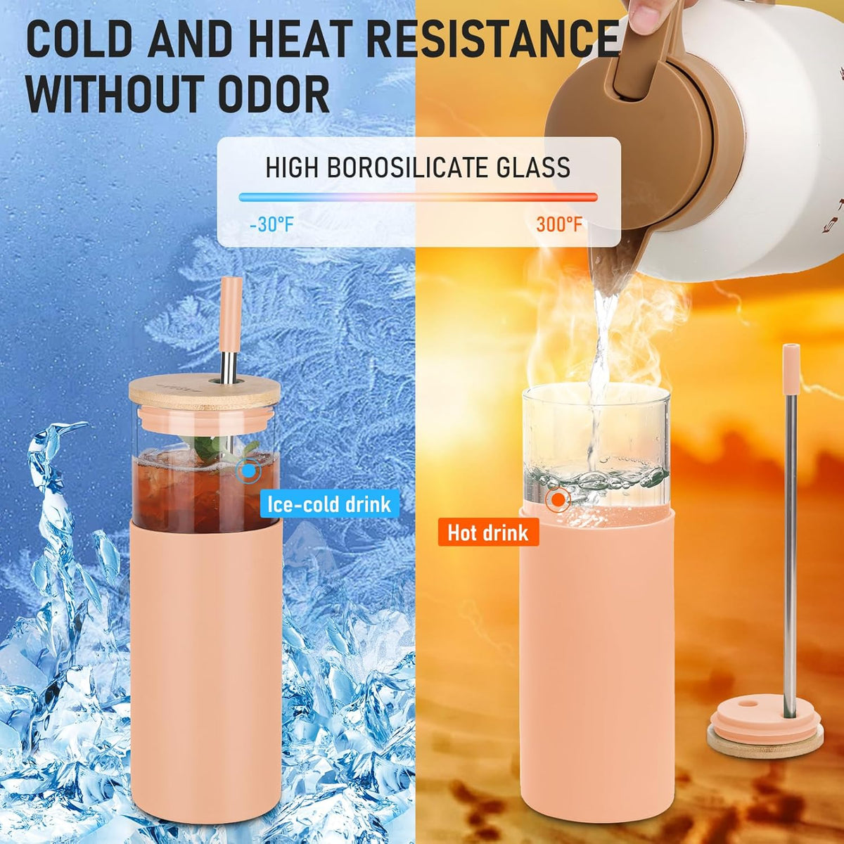 Glass Tumbler w/Lids & Straw:24oz Reusable Mug w/Bamboo Lid,Stainless Steel Straw, BPA-Free, Leak-Proof, Dishwasher Safe for Coffee, Smoothies, Hot Beverages,Travel,Office,Home Use,4-PK,Amber