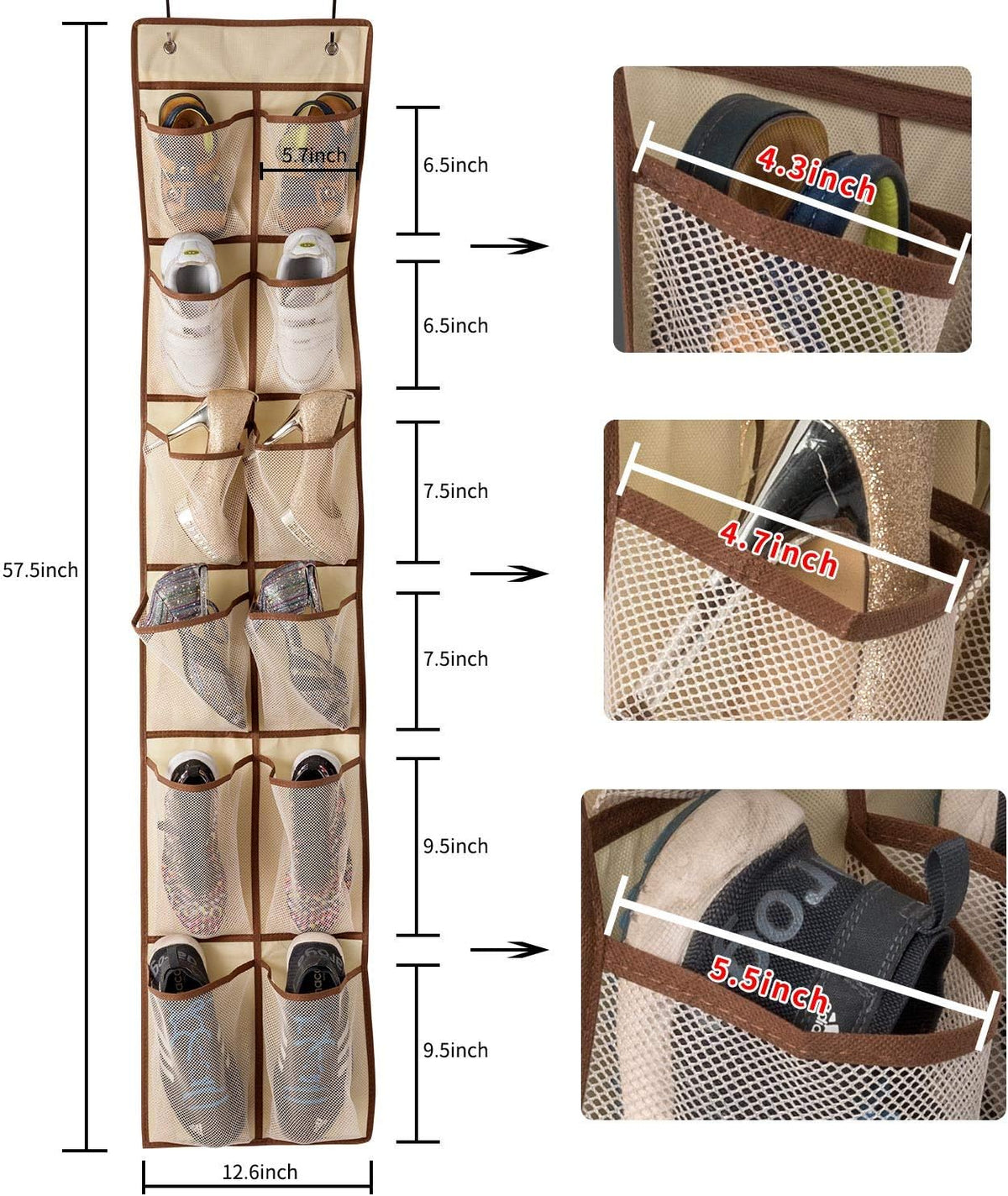 KEEPJOY Over The Door Shoe Organizer,Hanging Shoe Organizer 12 Mesh Pockets Shoe Organizer for Closet,Works Well for Men and Woman Kids Shoes Storage, 57.5×12.6inch(Beige)