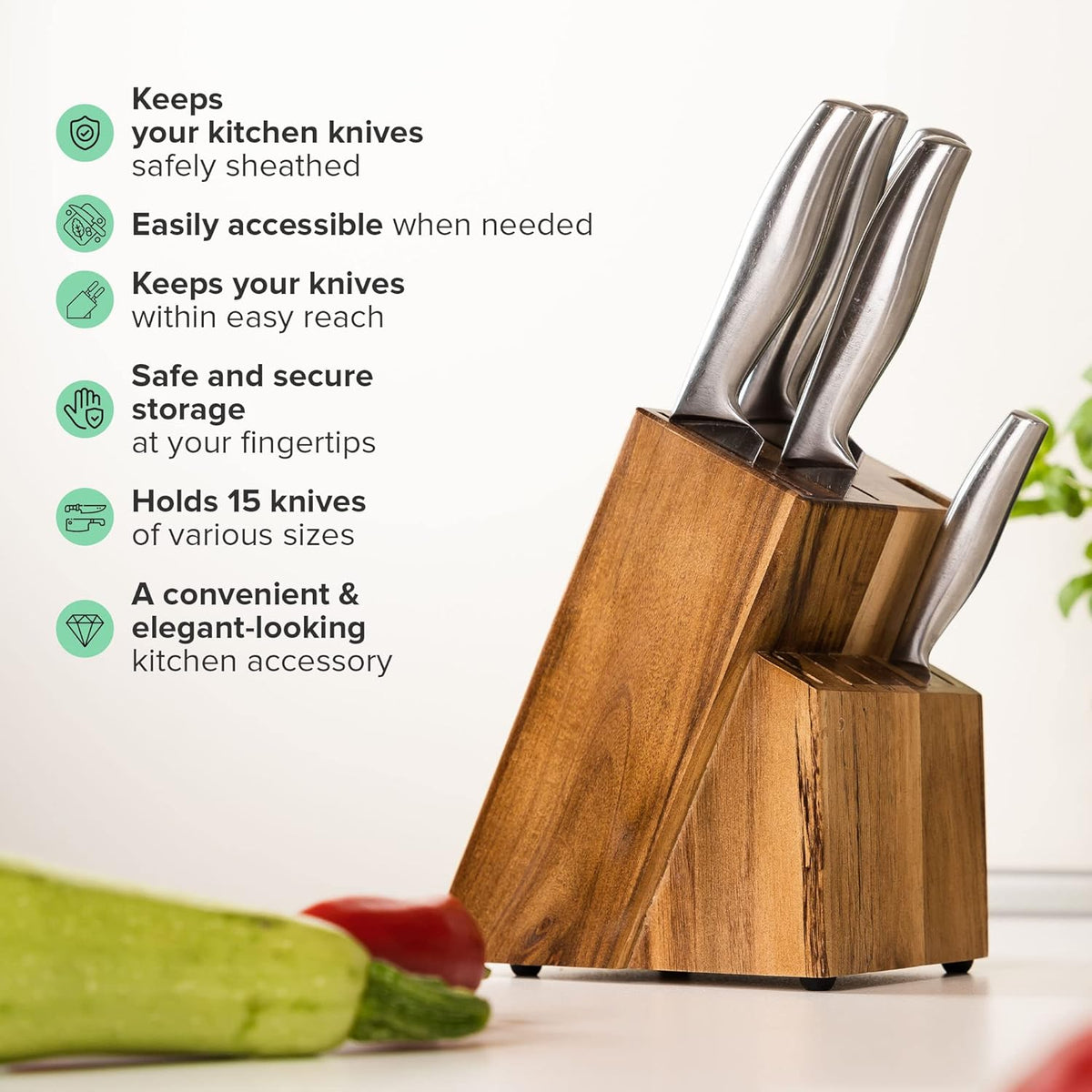 Coninx Acacia Wood Kitchen Knife Block - 15 Slots Knife Holder - Professional Quality Wood Knife Organizer - Secure Knife Stand To Keep Knives Neat & Sharp - Knife Blocks for Kitchen Knife Storage