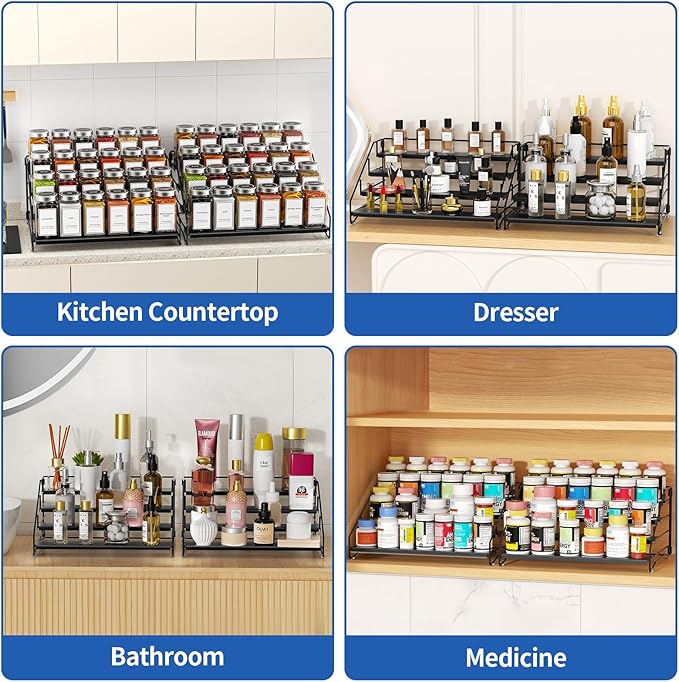 4 Tier Spice Rack Organzier, Spice Rack for Cabinet, Adjustable Depth Seasoning Shelf for Countertop, Pantry, Seasoning Organizer, Metal, Black (2 Pack)