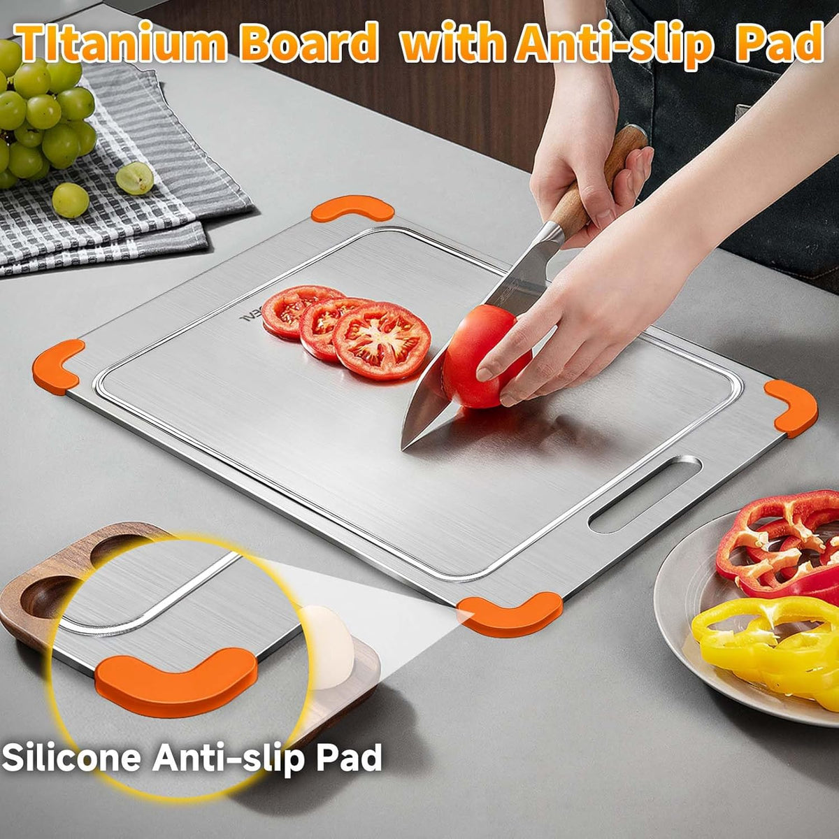 100% Pure Titanium Cutting Board with Grooves, Update Double Side Titanium Chopping Board, Silicone Anti-slip Stainless Cutting Boards for Kitchen 11 * 15 IN, Orange