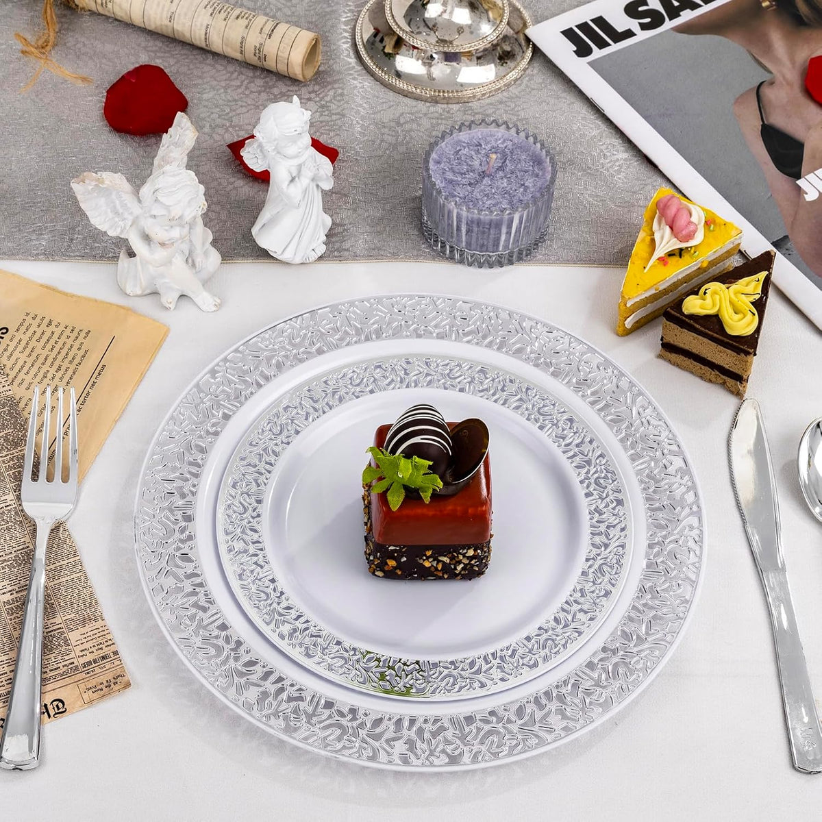 I00000 200 Pieces Silver Plastic Plates, Disposable Plastic Plates for 100 Guests Include: 100 Pcs Dinner Plate 10.25” and 100 Pcs Dessert Plate 7.5” with Silver Lace Rim Perfect for Wedding & Party