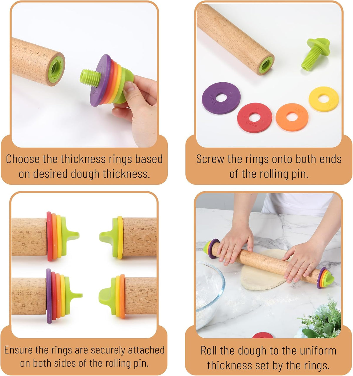 Bamboo Land- Adjustable Rolling Pin with Thickness Rings for Baking, 13.8", 4 Colorful Thickness Rings (2-10 mm or 1/16"-3/8"), Wood Rolling Pins for Baking, Bread, Pizza & Cookie Doughs
