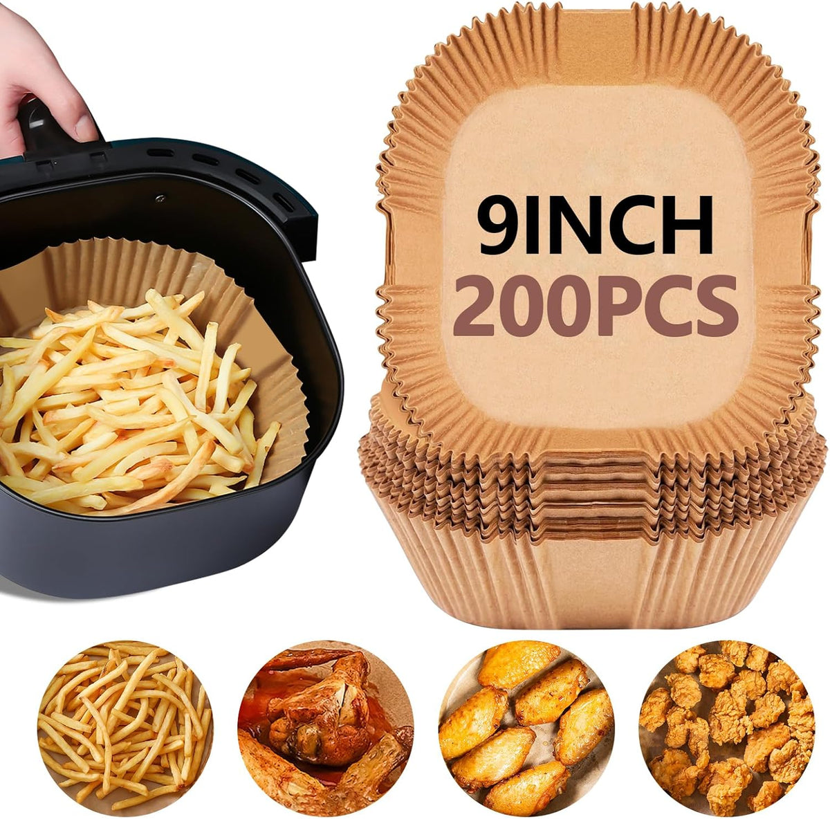 UBeesize 9-Inch Air Fryer Parchment Liners - 200 Pack, Square Non-Stick Disposable Paper Sheets for Microwave & Air Fryers, Unbleached Baking Sheets (8-Inch Base)