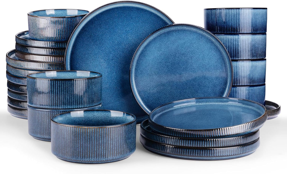 Famiware Star Plates and Bowls Sets, Modern Stoneware Dinnerware Sets for 8, 24-Piece Kitchen Dish Set - Microwave and Dishwasher Safe, Chip and Scratch Resistant, Nebulas Blue