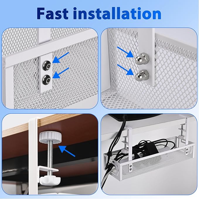 Under Desk Cable Management Tray – No Drill Cord Organizer & Power Strip Holder – Wire Cable Tray for Home Office Desk Setup (L-White)