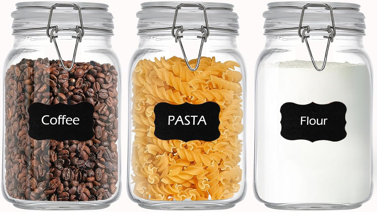 50oz Square Glass Food Storage Jars Storage Container with Clear Preserving Seal Wire Clip Fastening for Kitchen Canning Flour, Cereal, Pasta, Sugar, Beans