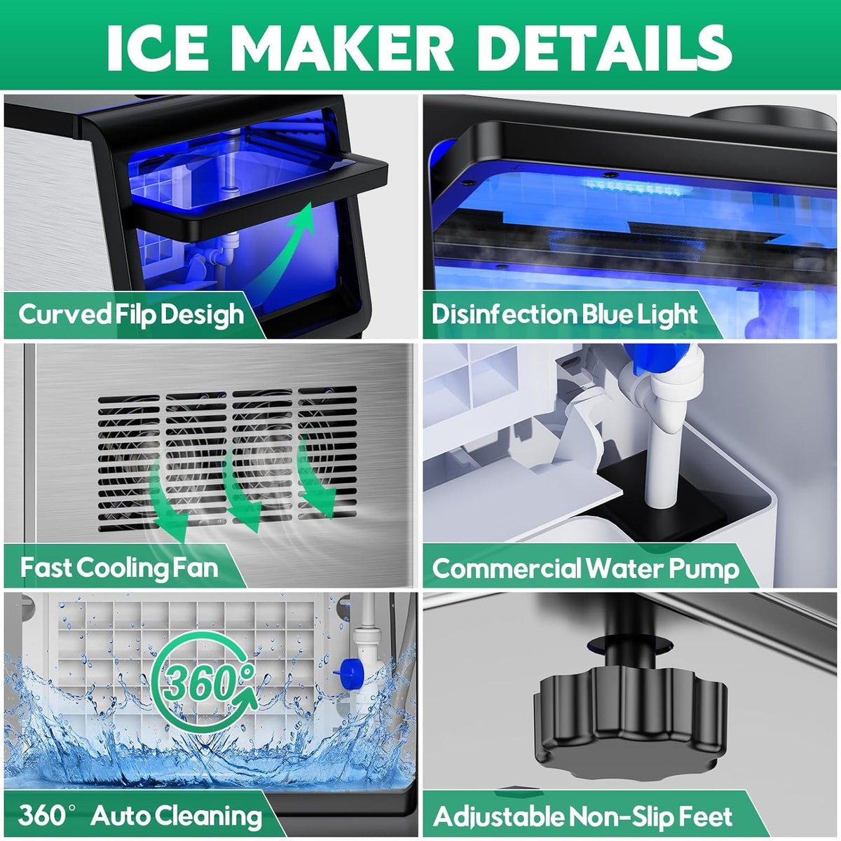 Commercial Ice Maker Machine 130Lbs/24H with 30Lbs Ice Capacity, 45Pcs Clear Ice Cubes Ready in 8-15Mins, Stainless Steel Under Counter Freestanding Large Ice Machine, 2 Water Inlet Modes