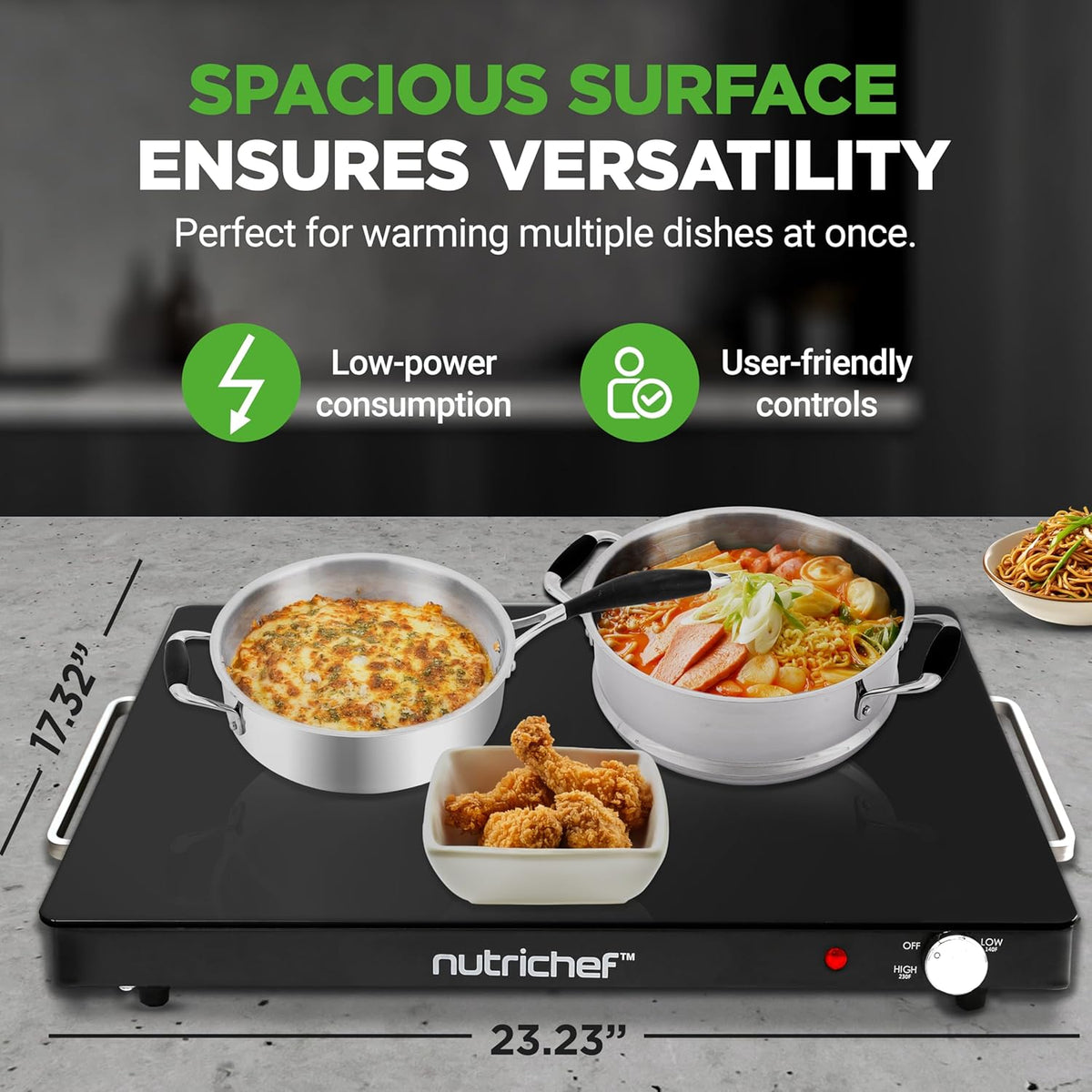 NutriChef Electric Warming Tray | Glass Surface Hot Serving Tray | Adjustable Temperature 140°F to 230°F | Energy Efficient & Space Saving | Perfect for Buffets,Parties & More | 21.2 x 16.5 IN | Black