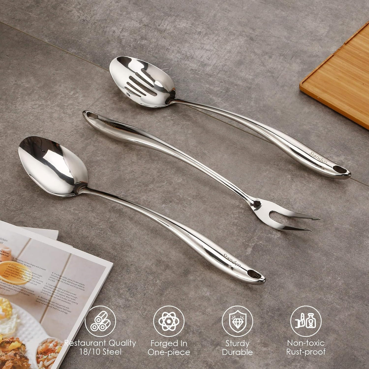 304 Stainless Steel Kitchen Utensil Set - 9 PCS Serving Utensils, Cooking Utensil, Solid Spoon, Slotted Spoon, Fork, Spatula, Ladle, Skimmer Spoon, Slotted Spatula Tunner, Spaghetti Spoon, Large Spoon