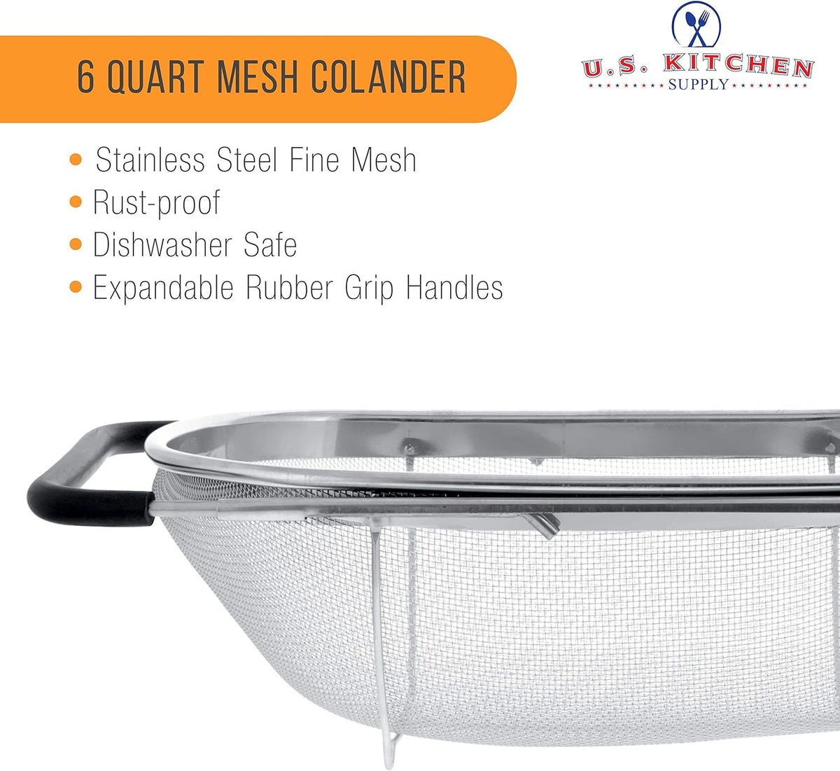 U.S. Kitchen Supply Stainless Steel Colander Strainer - 6-Quart Collapsible Colander with Expandable Rubber Handles - Rectangular Sieve, Fine Mesh Stainless Steel Strainers and Colanders for Kitchen