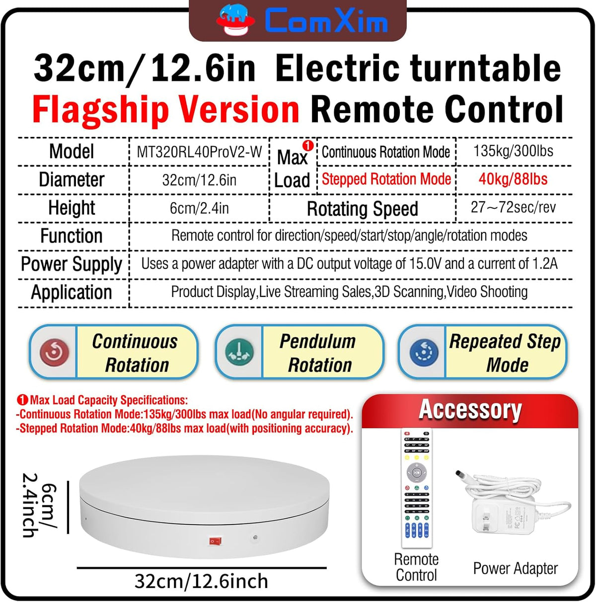 12.6In Remote Motorized Electric Turntable Rotating Display Stand Rotating Platform Photography Turntable motorized lazy susan base giratoria para for Photography,3D Scanner,(Load Range:88~300lbs)
