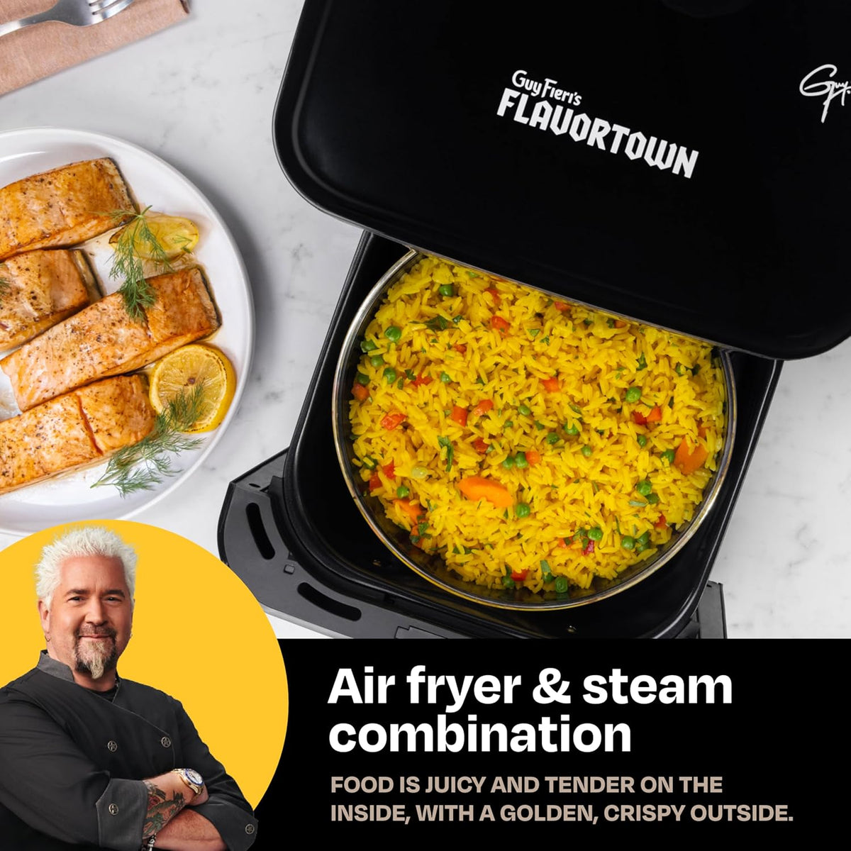 Guy Fieri's Flavortown 6.5 Quart Steam Air Fryer with Moisture Lock Technology – Programmable Steamer and Air Fryer Combination, Temperature Control, 10-Presets, 1700 Watts