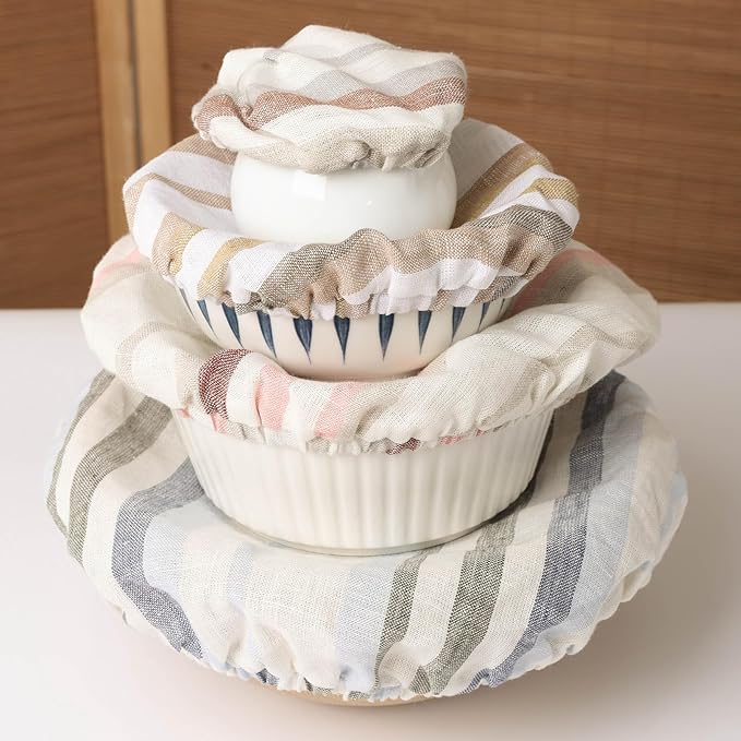 100% Linen Bowl Covers Reusable For Bread Proofing, 4 Pcs Elastic Cloth Fabric Colorful Stripe Bowl Covers, 5.9 * 7.9 * 9.8 * 11.8 Inches, Colorful 4